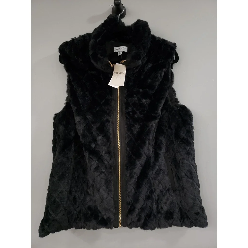 NEW XL Carmen Marc Valvo‎ Black Faux Fur Zip Up Black Gold Vest Womens